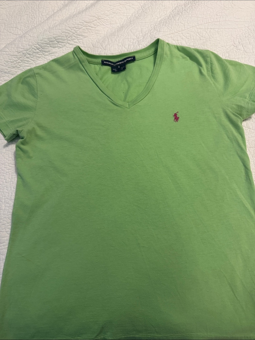 Ralph Lauren V-Neck Polo Tee in Light Green with Pink Pony